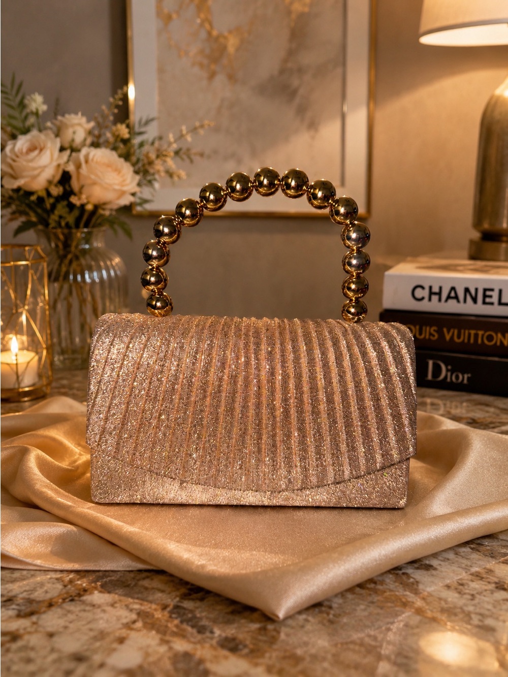 Gold Glitter Chain-Handle Evening Clutch - Picture 3 of 8